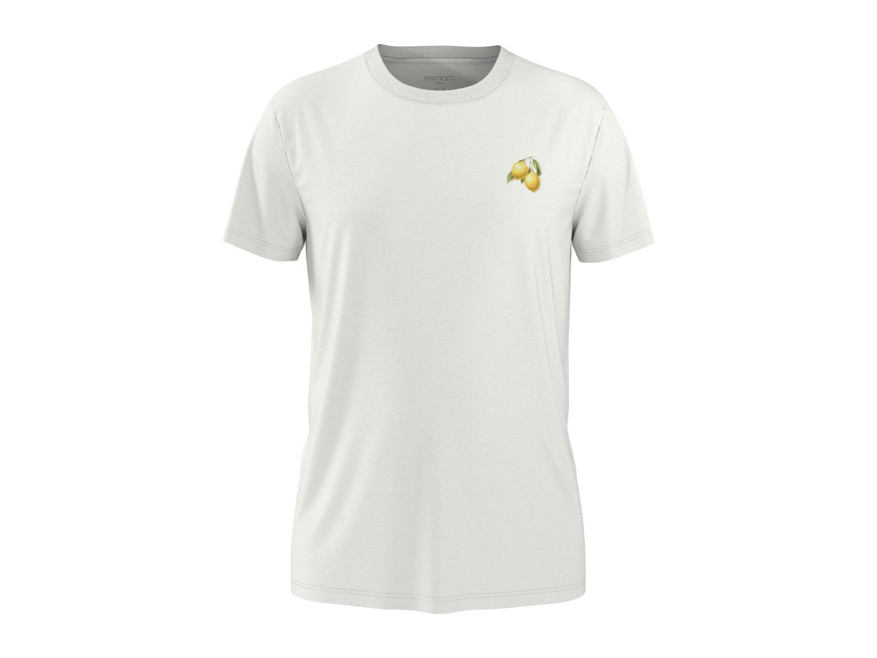 White men's t-shirt with a small lemon print on the chest.