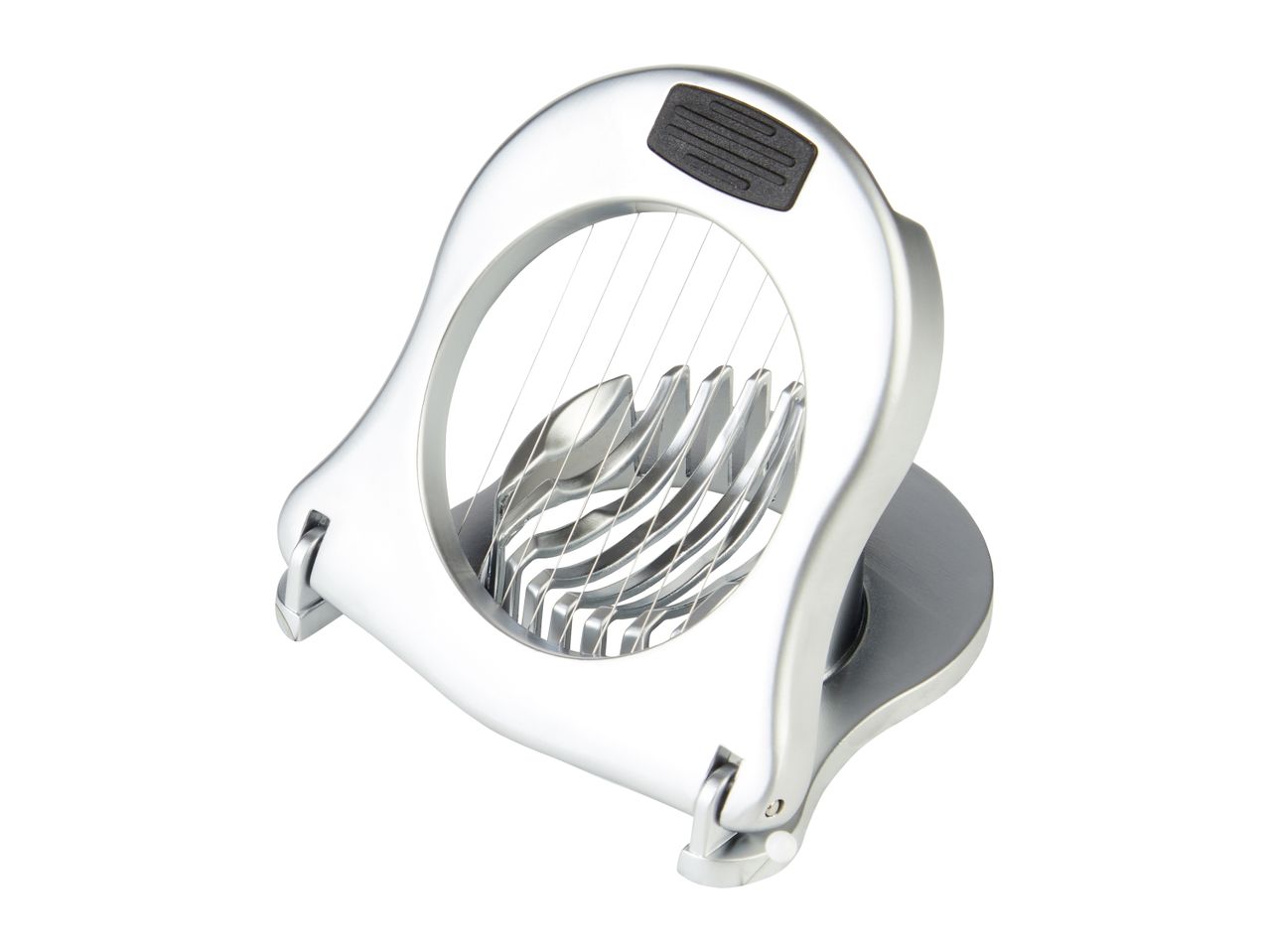 A silver egg slicer sits on a white background.