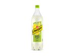 Een fles citroenfrisdrank met een groen etiket en citroenafbeeldingen.