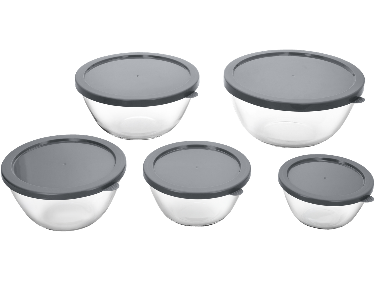 Conjunto de 5 tigelas de vidro com tampas cinzentas