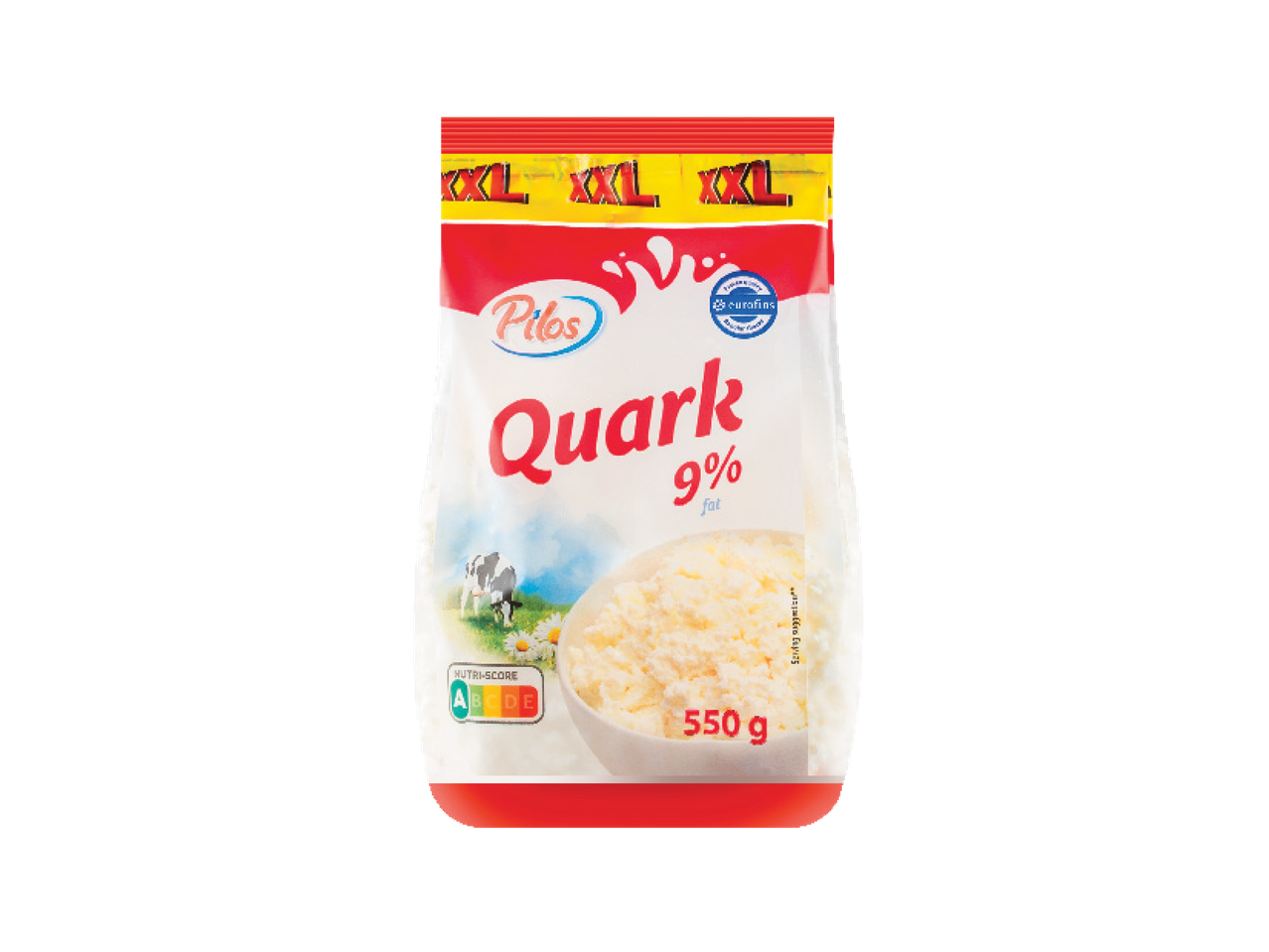 Iepakojums ar biezpienu 9% tauku saturu, 550g, ar Nutri-Score A marķējumu.