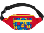 Lidl Bum Bag in red with a colorful geometric pattern and yellow zippers.