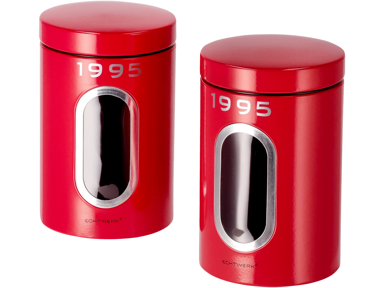 Dvi raudonos Silvercrest laikymo dėžės su permatomu langu ir 1995 metais