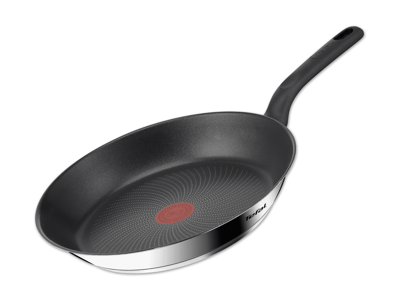 Eine Tefal-Bratpfanne mit Edelstahlrand und schwarzer Antihaftbeschichtung.