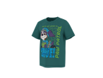 T-shirt infantil verde-azulada com um cachorro de desenho animado e o texto 'WE'VE GOT DINOS TO SAVE! PAW PATROL'.