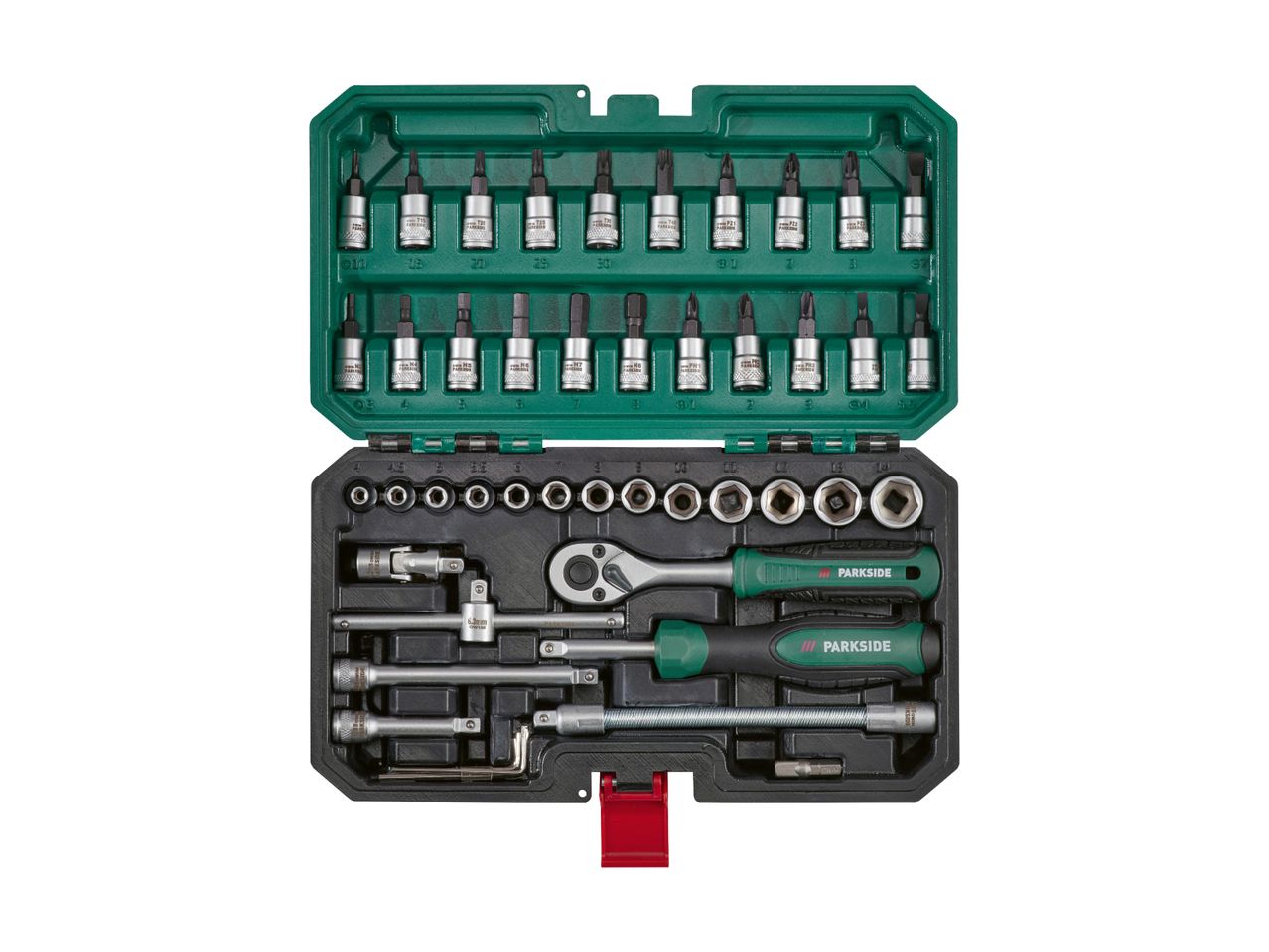 A green tool kit containing various sockets, ratchets, and other hand tools.