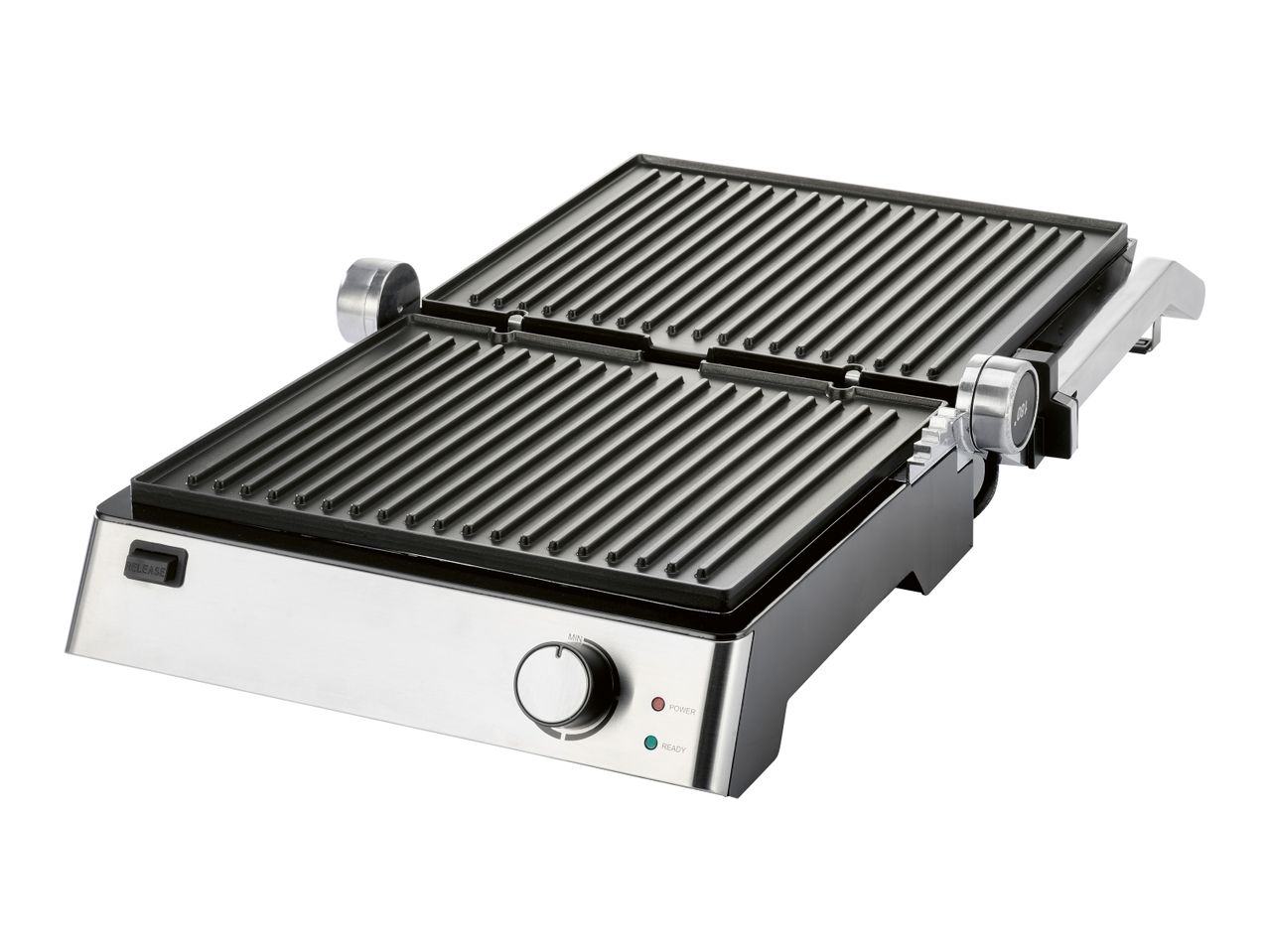 A stainless steel and black electric contact grill with adjustable temperature control.