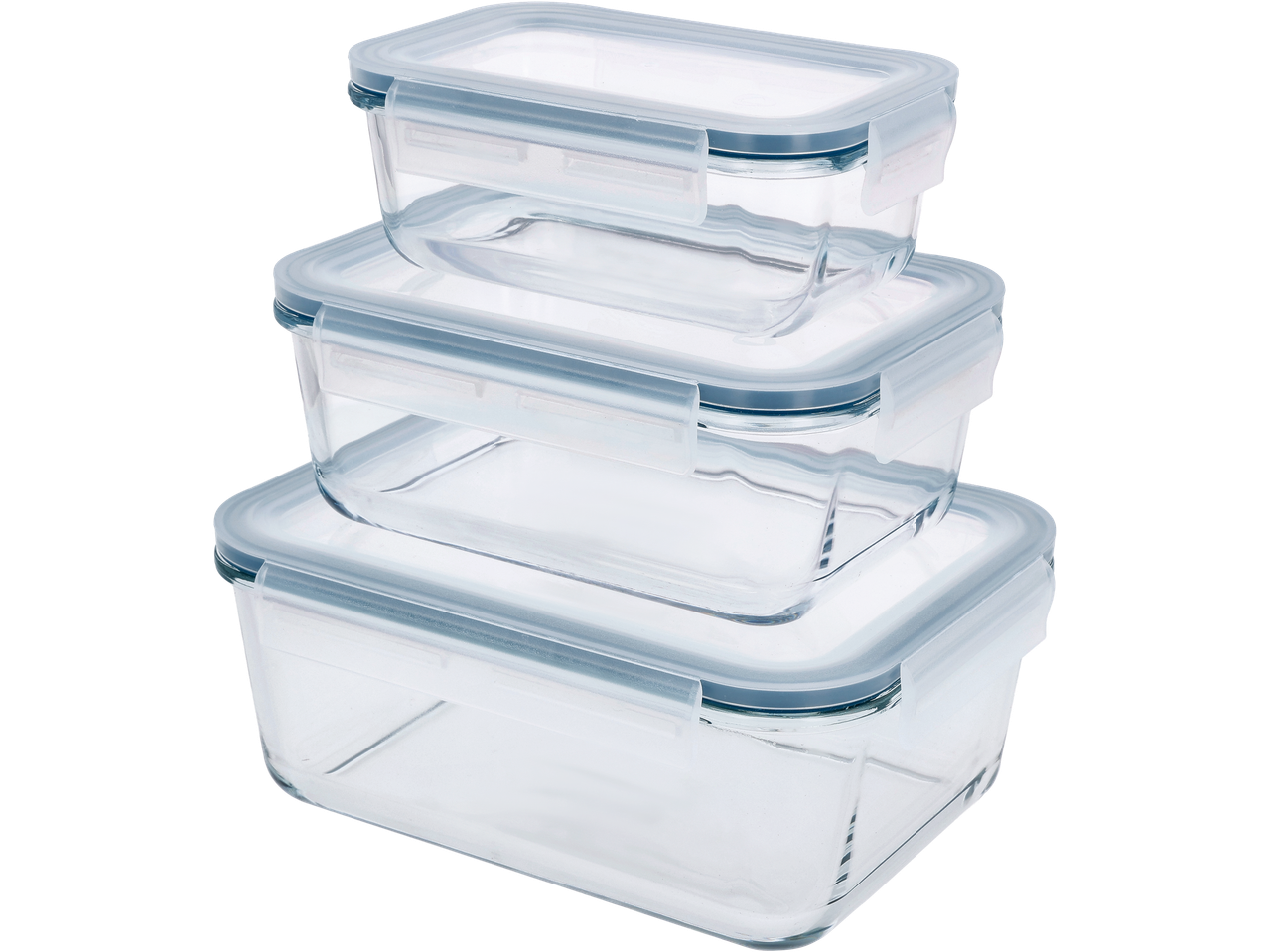 Three stacked rectangular glass food storage containers with light blue lids.