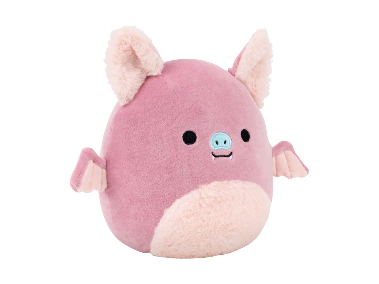 Pink bat plush toy with fluffy ears and belly, black eyes, and a light blue nose.