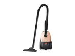 Beige and black vacuum cleaner with hose and floor nozzle