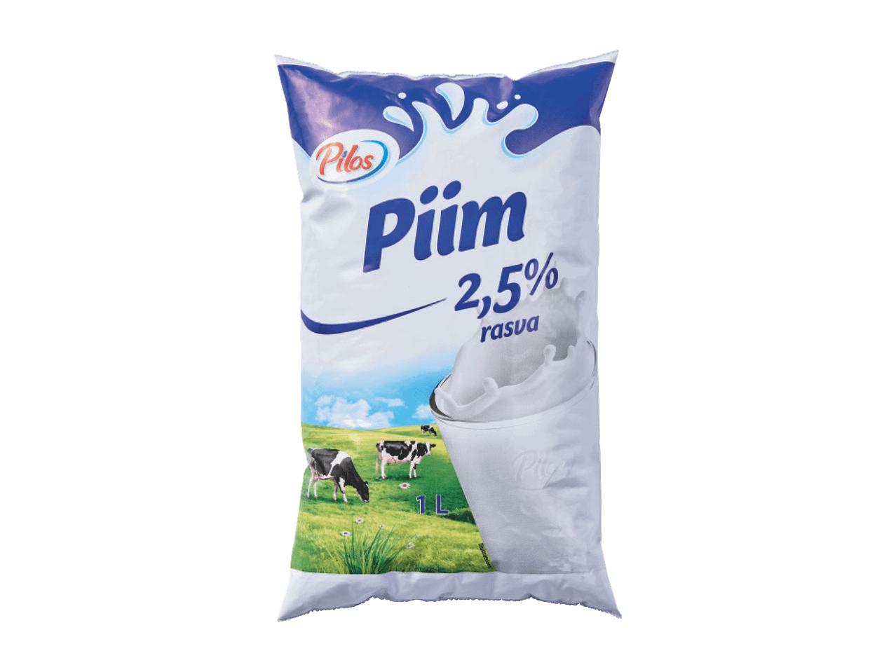 Valge piimapakend sinise sildiga, millel on kiri 'Piim 2,5% rasva' ja lehmad rohelisel karjamaal.