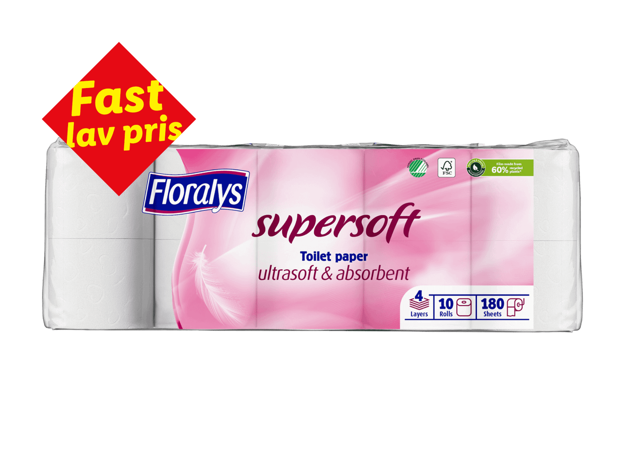 Toiletpapir i en pakke med 10 ruller, mærket 'Fast lav pris' og 'supersoft'.