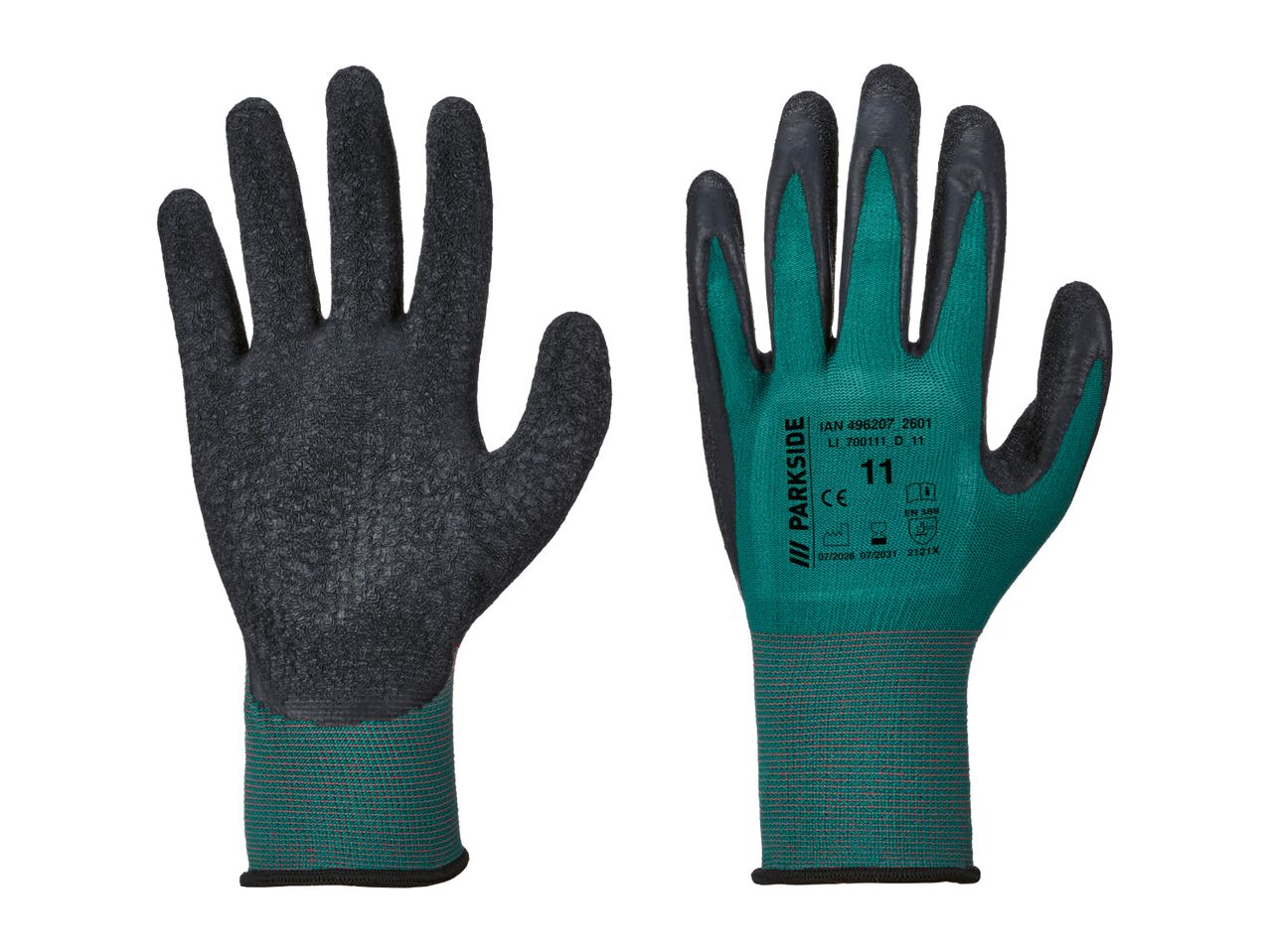 Pair of green and black work gloves with textured palms and fingers, showing product information.