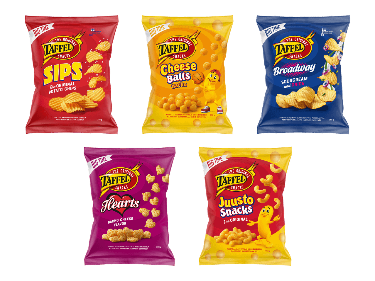 Viisi pussia erilaisia sipsejä ja snackseja, mukaan lukien perunalastuja, juustopalloja ja juustosnackseja.