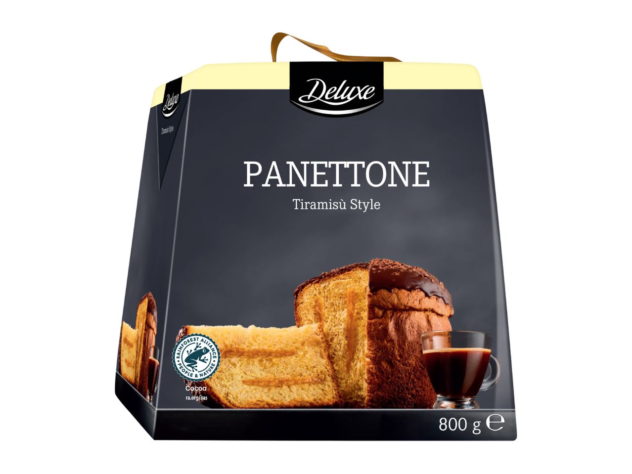 Tiramisu-style panettone in an elegant dark grey box, 800g.