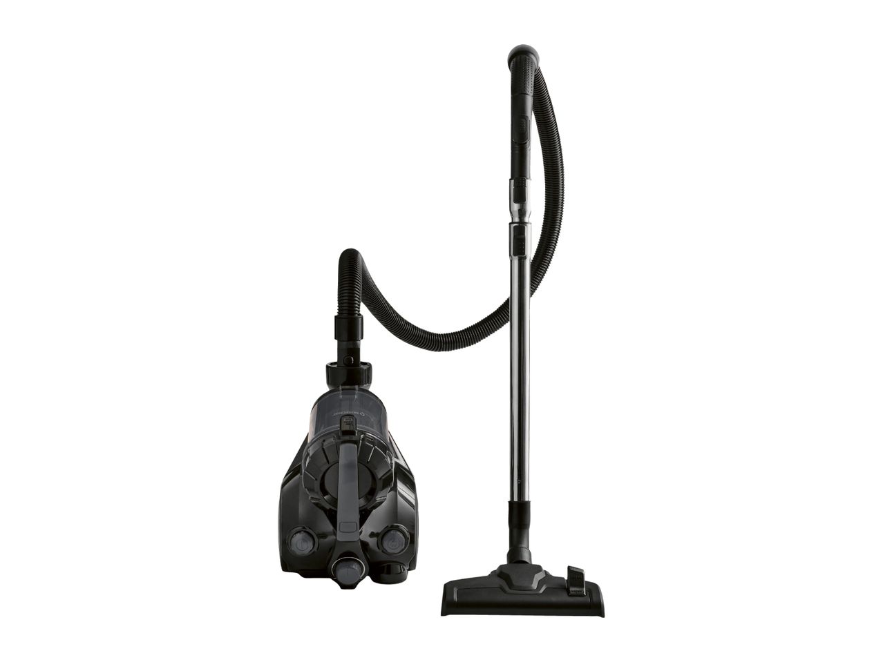Black cylinder vacuum cleaner with hose and telescopic wand with floor nozzle.