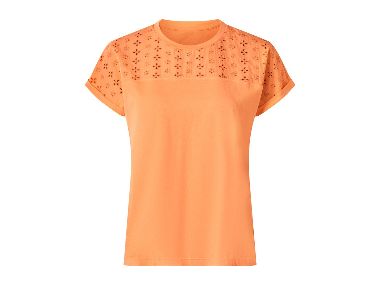 Orange short-sleeved t-shirt with embroidered details on the shoulders and sleeves.