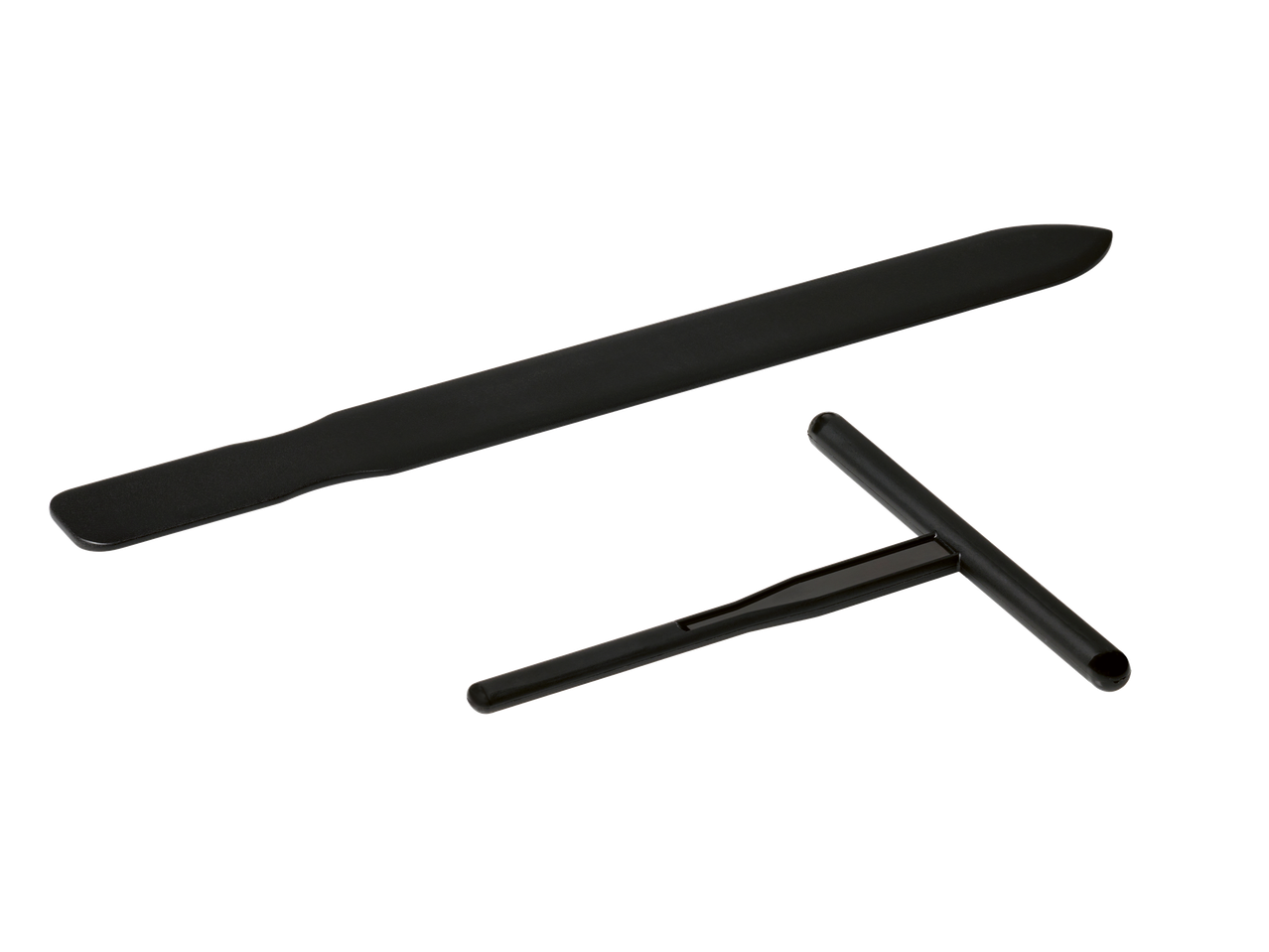 Two black tools, one long and flat, the other T-shaped, for a crêpe maker.