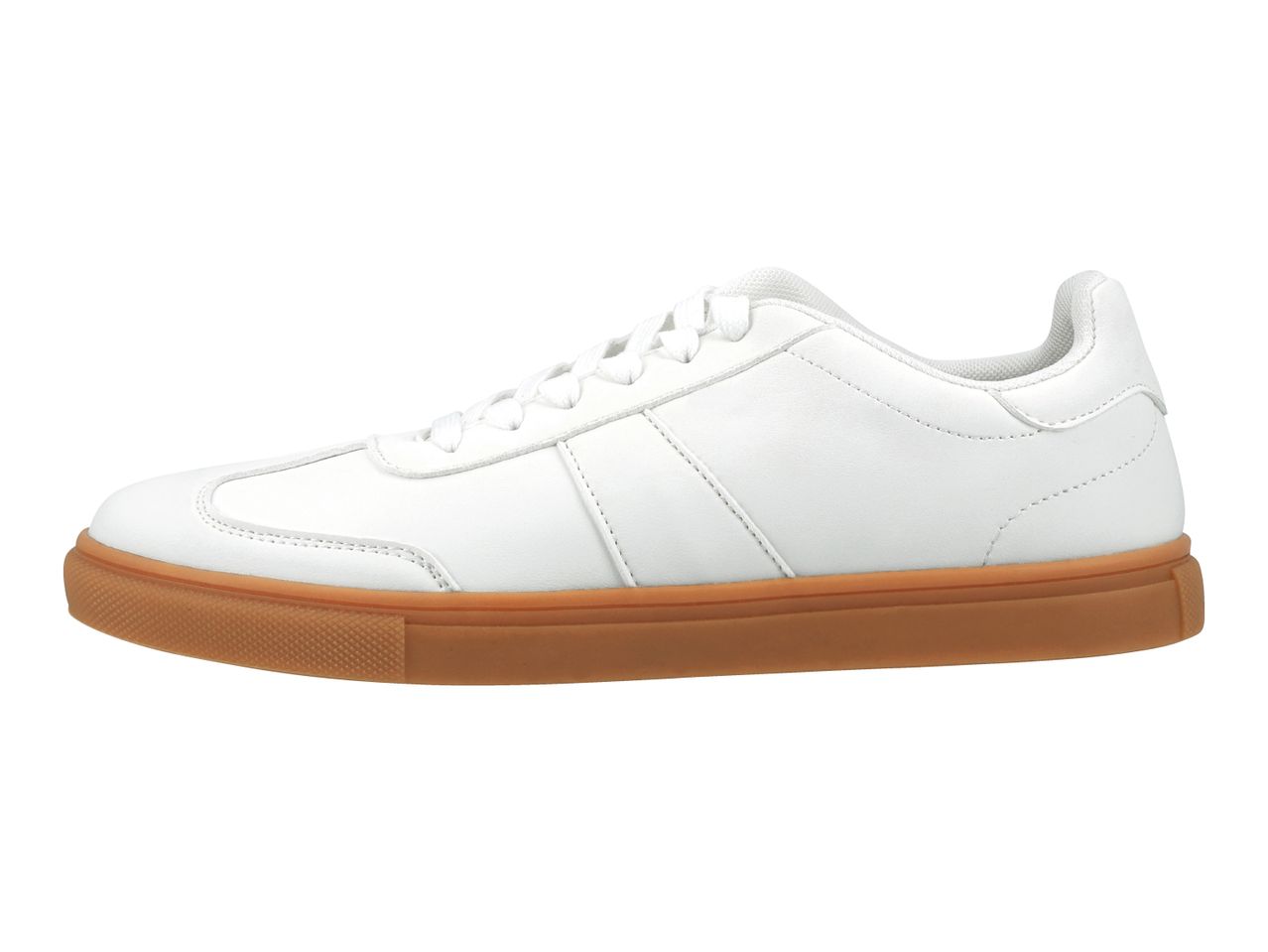White leather sneaker with a brown sole.