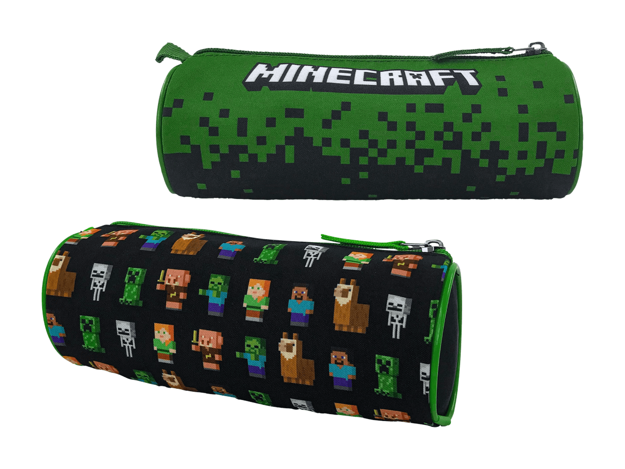 Deux trousses cylindriques, une verte avec logo et pixels, l'autre noire avec personnages pixelisés.