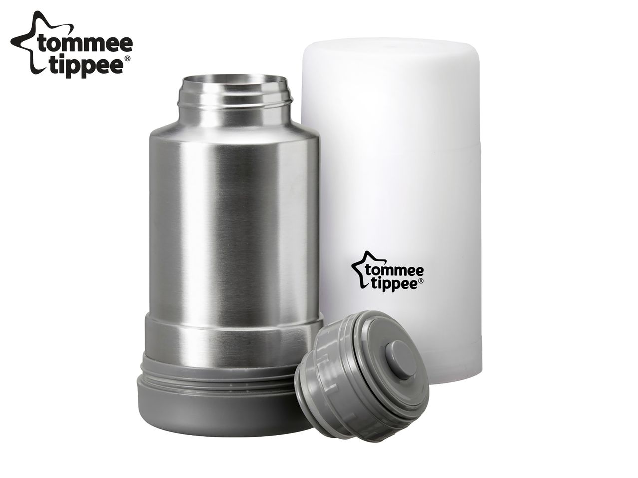 Tommee Tippee stainless steel flask and white container with a grey lid.