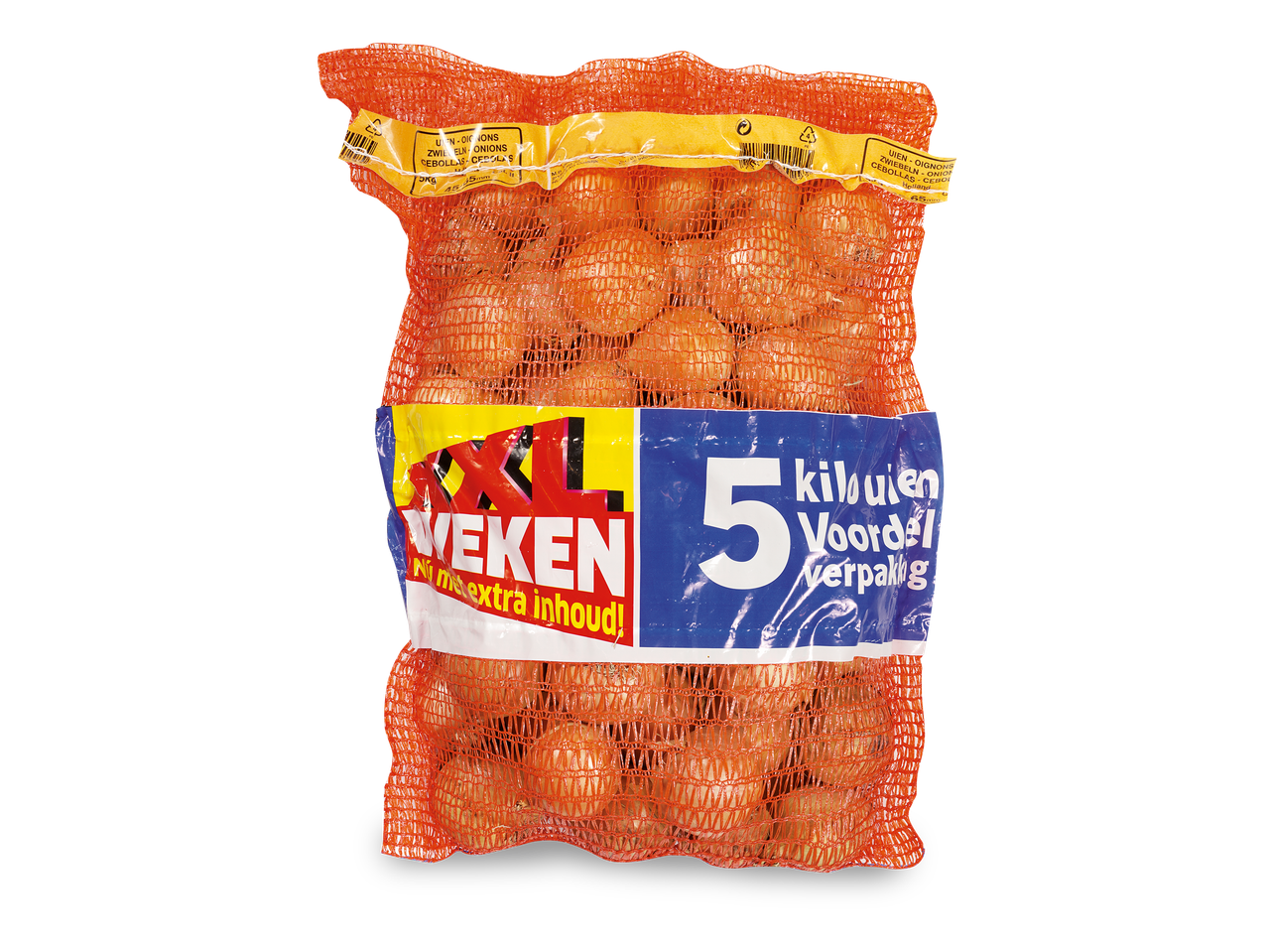 Een netzak met 5 kilo uien van XXL Weken.