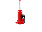 Red hydraulic bottle jack with a silver piston and black handle mechanism.