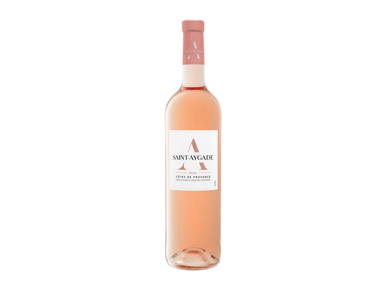 A bottle of rosé wine with a white label featuring the text 'SAINT-AYGADE 2024 CÔTES DE PROVENCE'