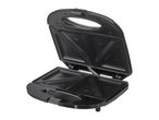 A black, open sandwich maker with a handle.