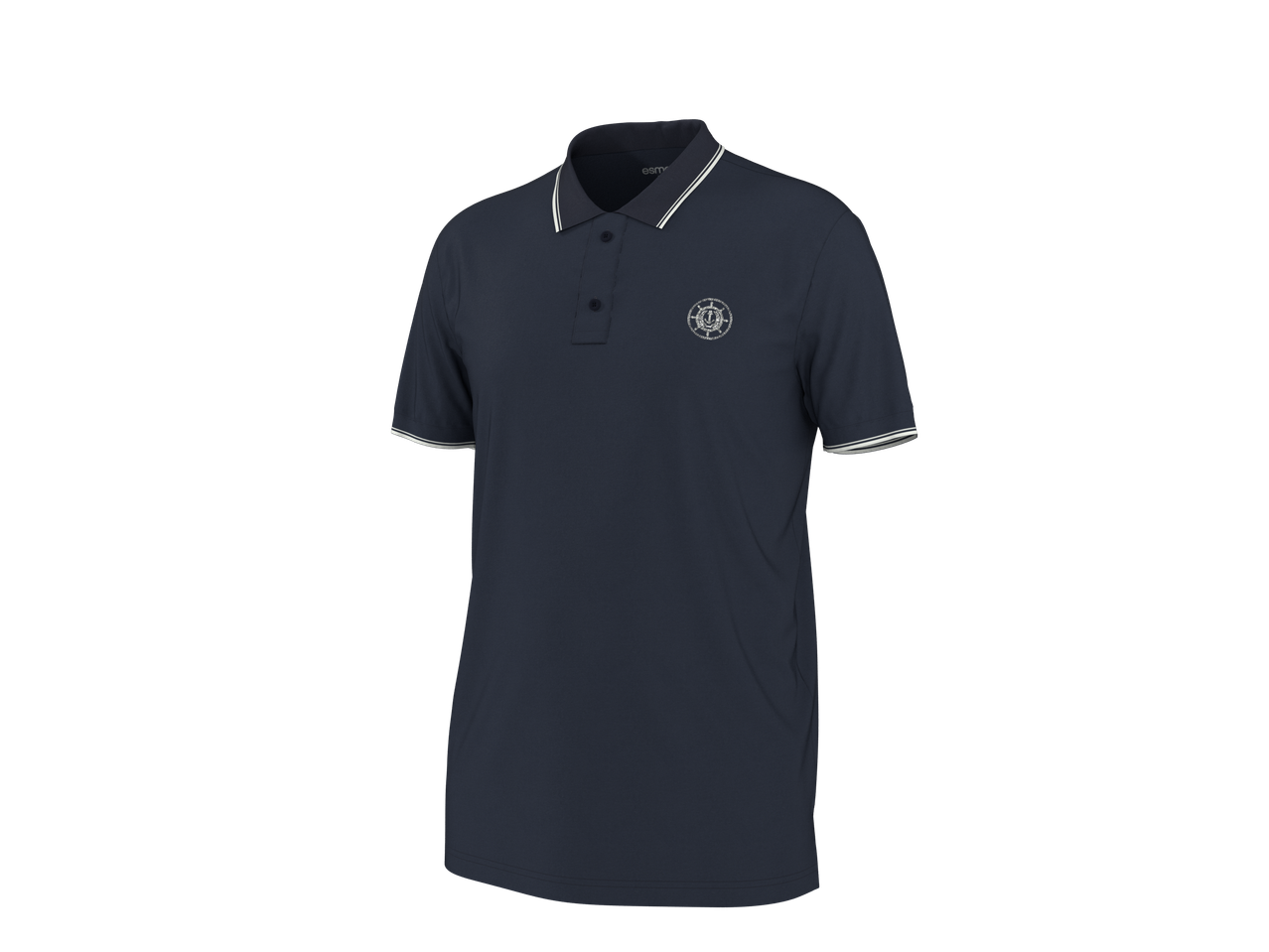 Vīriešu tumši zils polo krekls ar baltām svītrainām apkaklēm un piedurkņu aprocēm, ar jūras emblēmu.