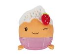 Plush cupcake toy with white frosting, colorful sprinkles, and a red strawberry.
