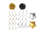 Goldene und schwarze Partydekorationen: Pompons, Spiralgirlanden und Sternballons.