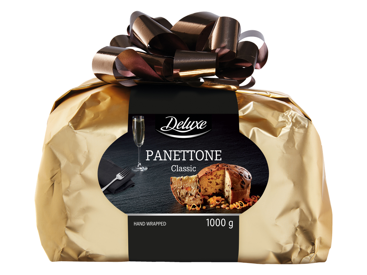 „Deluxe Panettone Classic“ dovanų pakuotėje su auksiniu popieriumi ir kaspinu.
