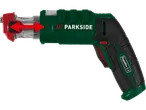 Aparafusadora sem fios Parkside Rapidfire 2.2 com setas vermelhas indicando movimento.