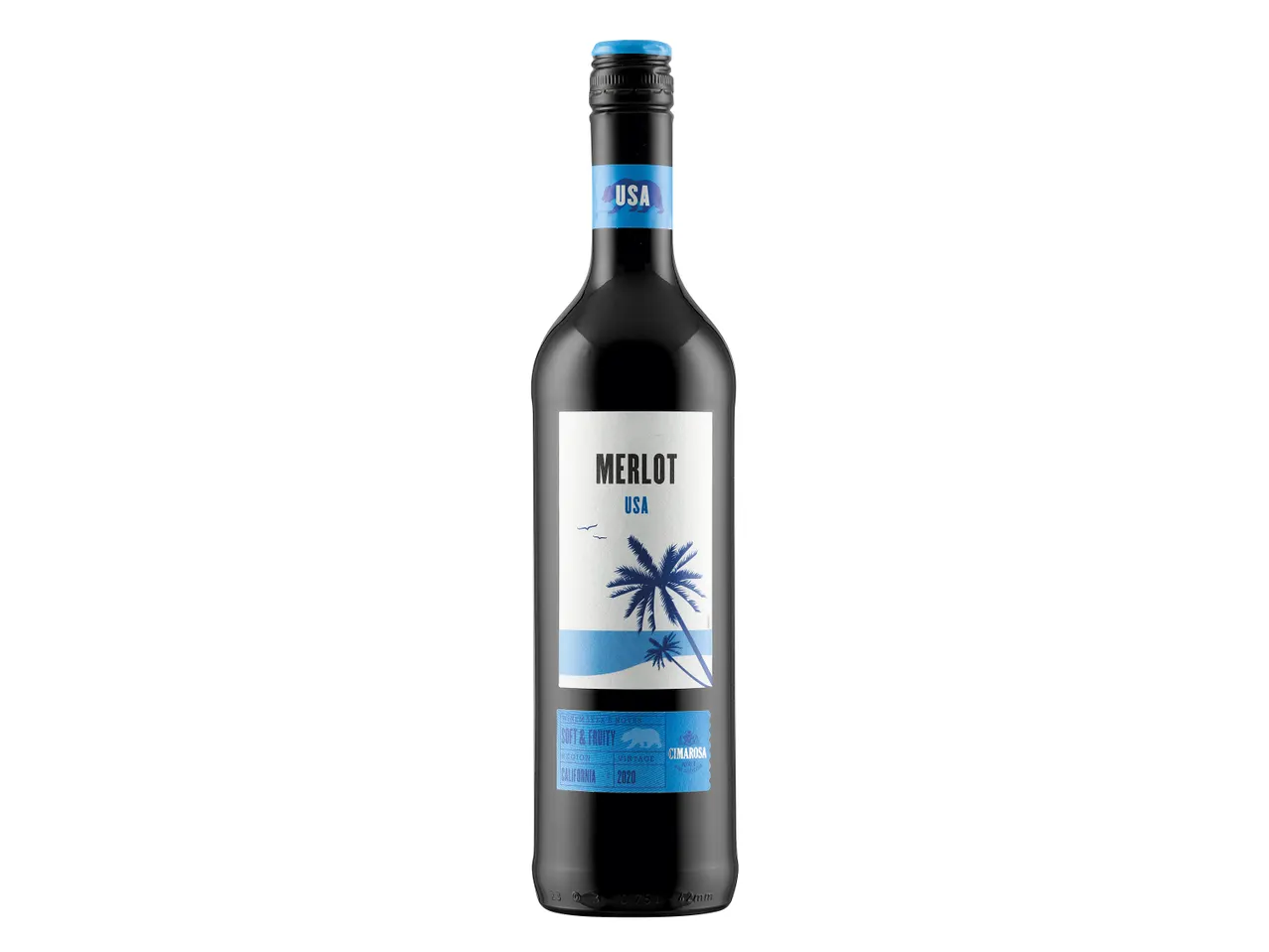 Bottle of USA Merlot, tropical style.