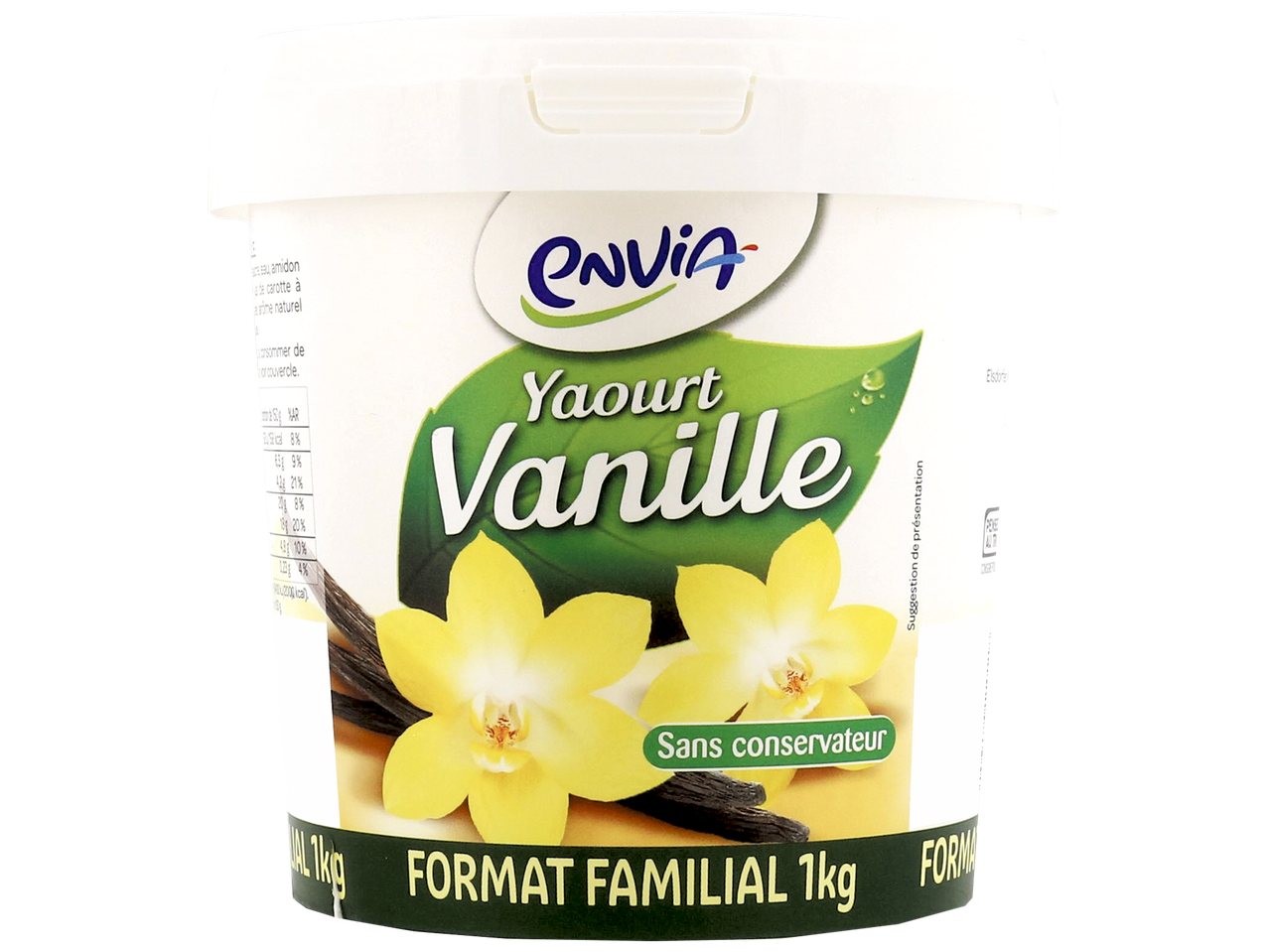Grand pot de yaourt à la vanille, sans conservateur, format familial de 1 kg.