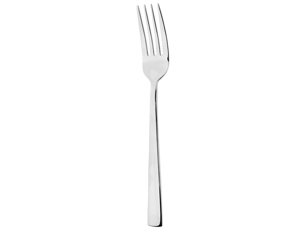 Fourchette en métal argenté sur fond noir.