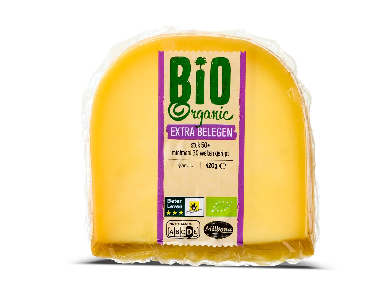 Een stuk biologische extra belegen kaas van 420g van het merk Milbona.