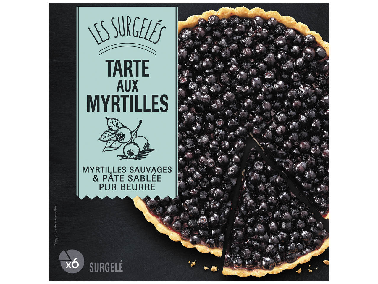 Tarte aux myrtilles surgelée avec des myrtilles sauvages et une pâte sablée pur beurre.