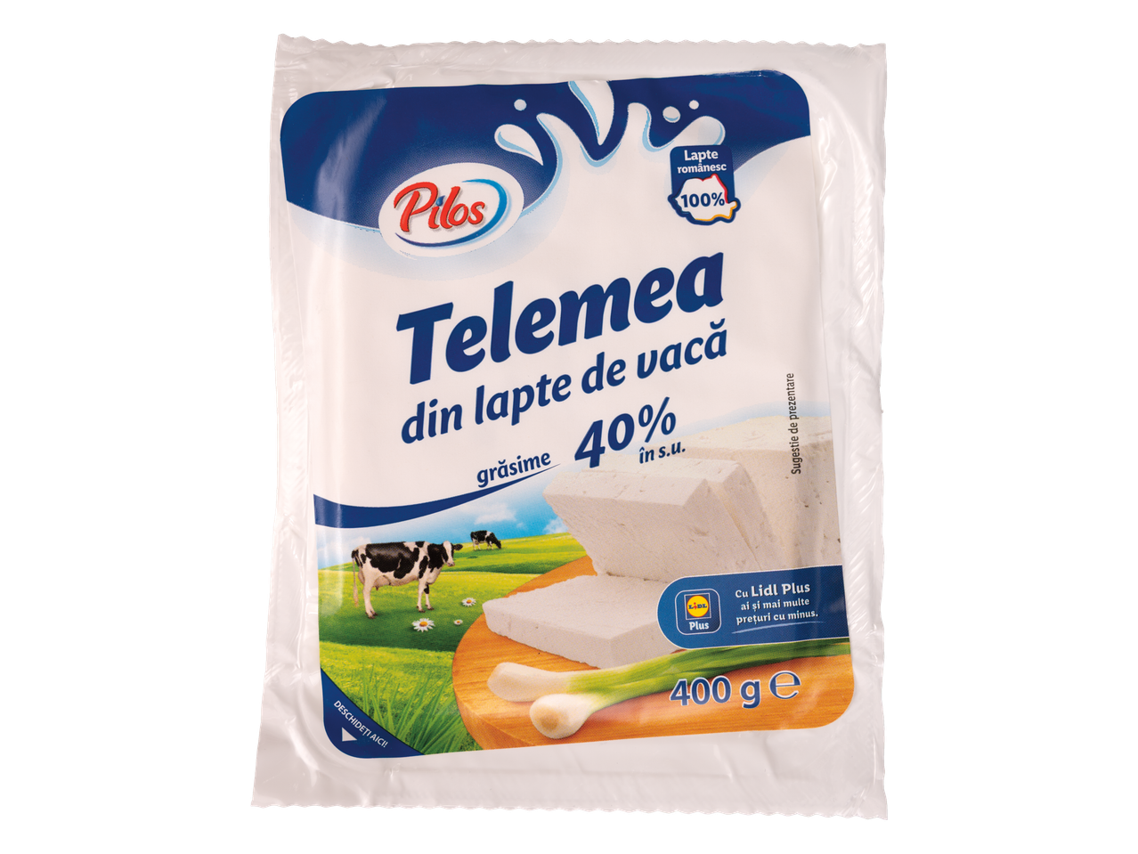Brânză Telemea Pilos din lapte de vacă, 40% grăsime, 400g, cu eticheta 100% lapte românesc.