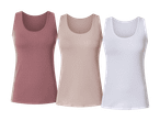 Tre ensfarvede tanktoppe i rosa, beige og hvid.