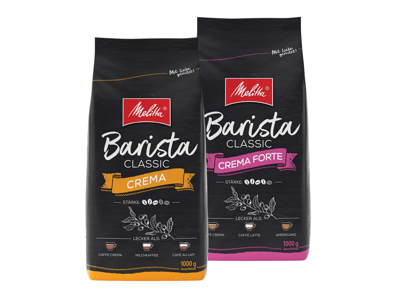 Zwei 1000g Packungen Melitta Barista Classic Kaffeebohnen, eine Crema und eine Crema Forte.