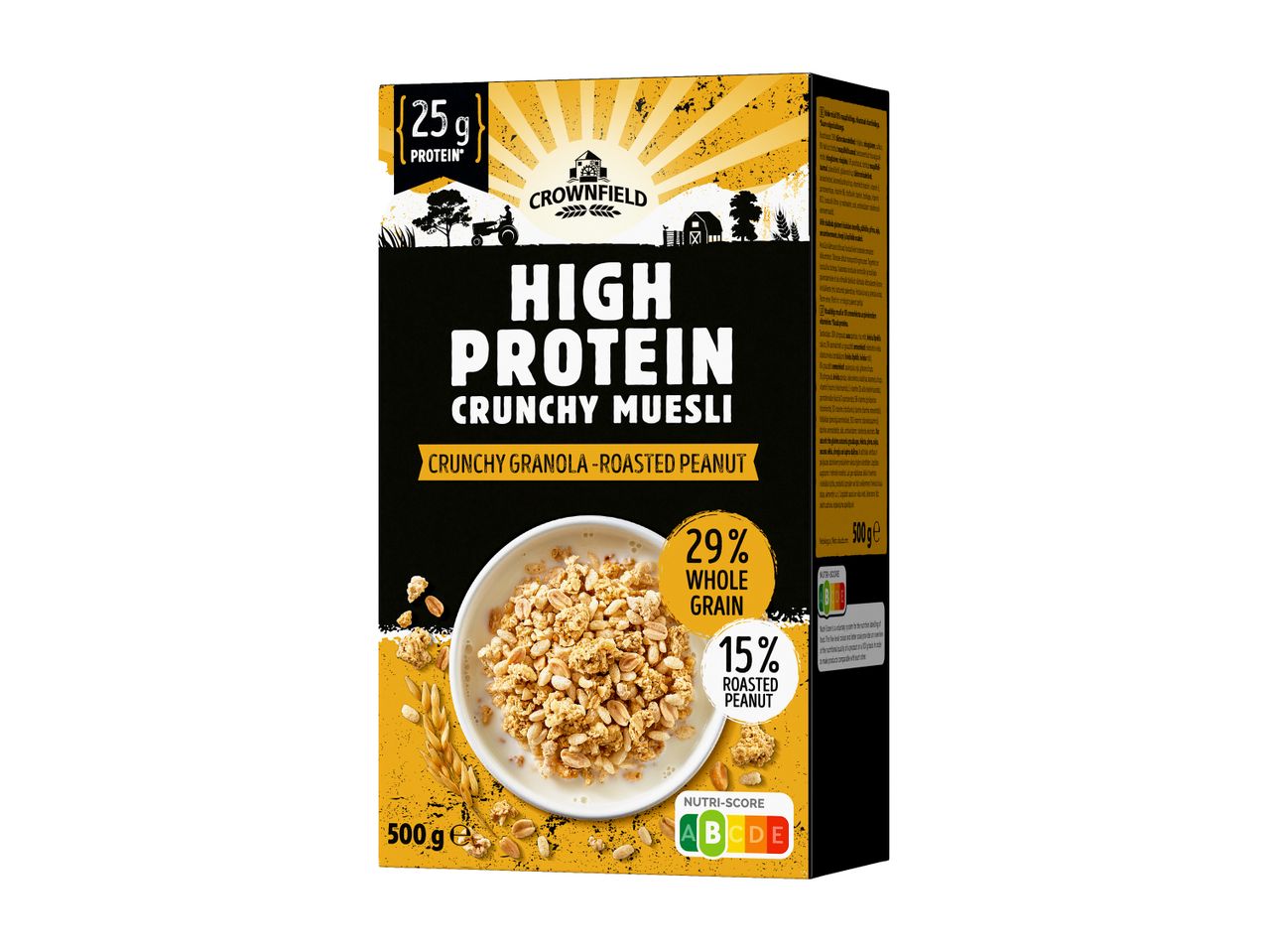 Škatla žitaric Crownfield High Protein Crunchy Muesli z arašidi in celimi zrni.