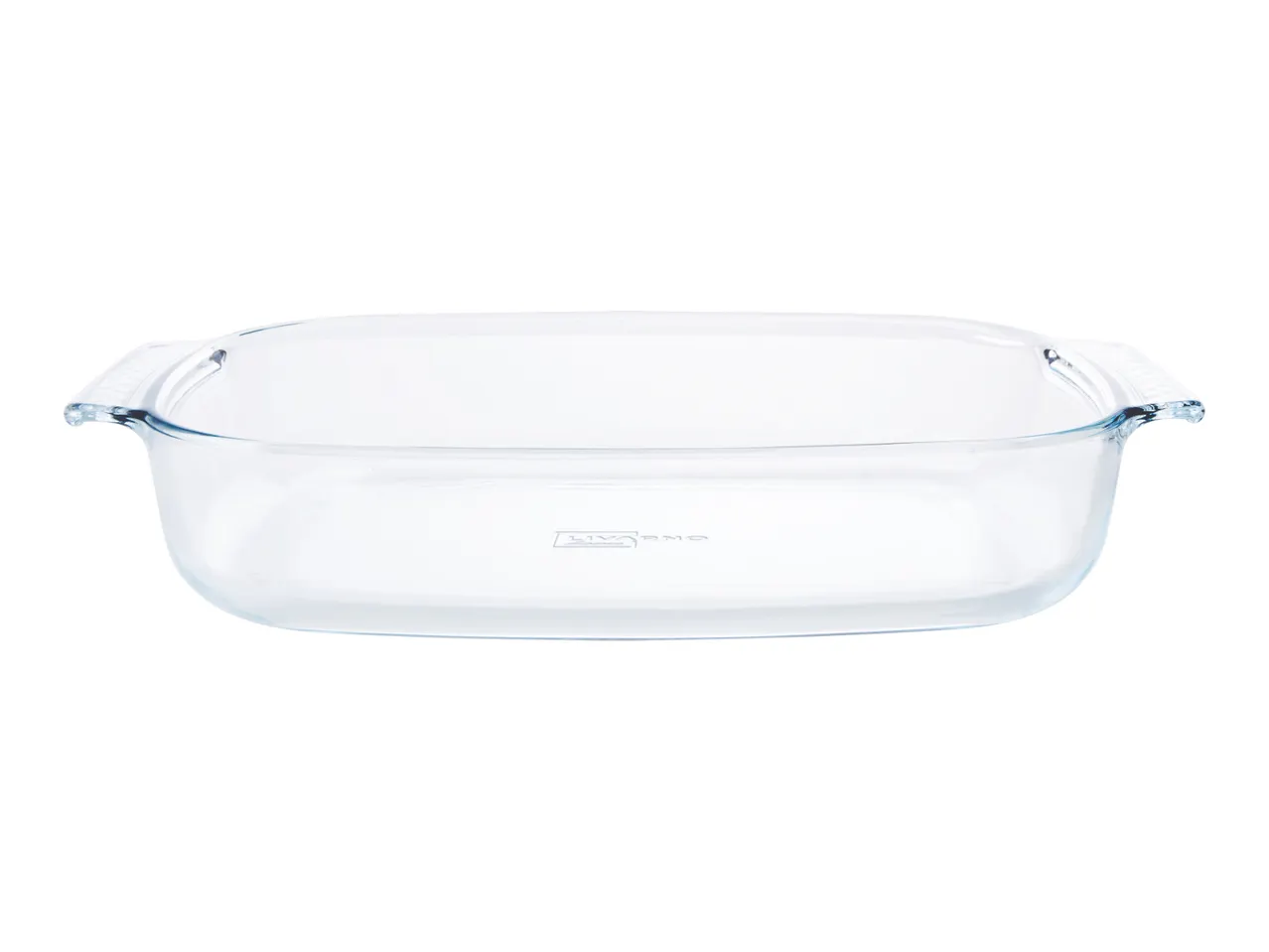 A clear glass rectangular baking dish with handles.