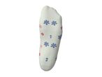 White sock with blue and pink floral pattern