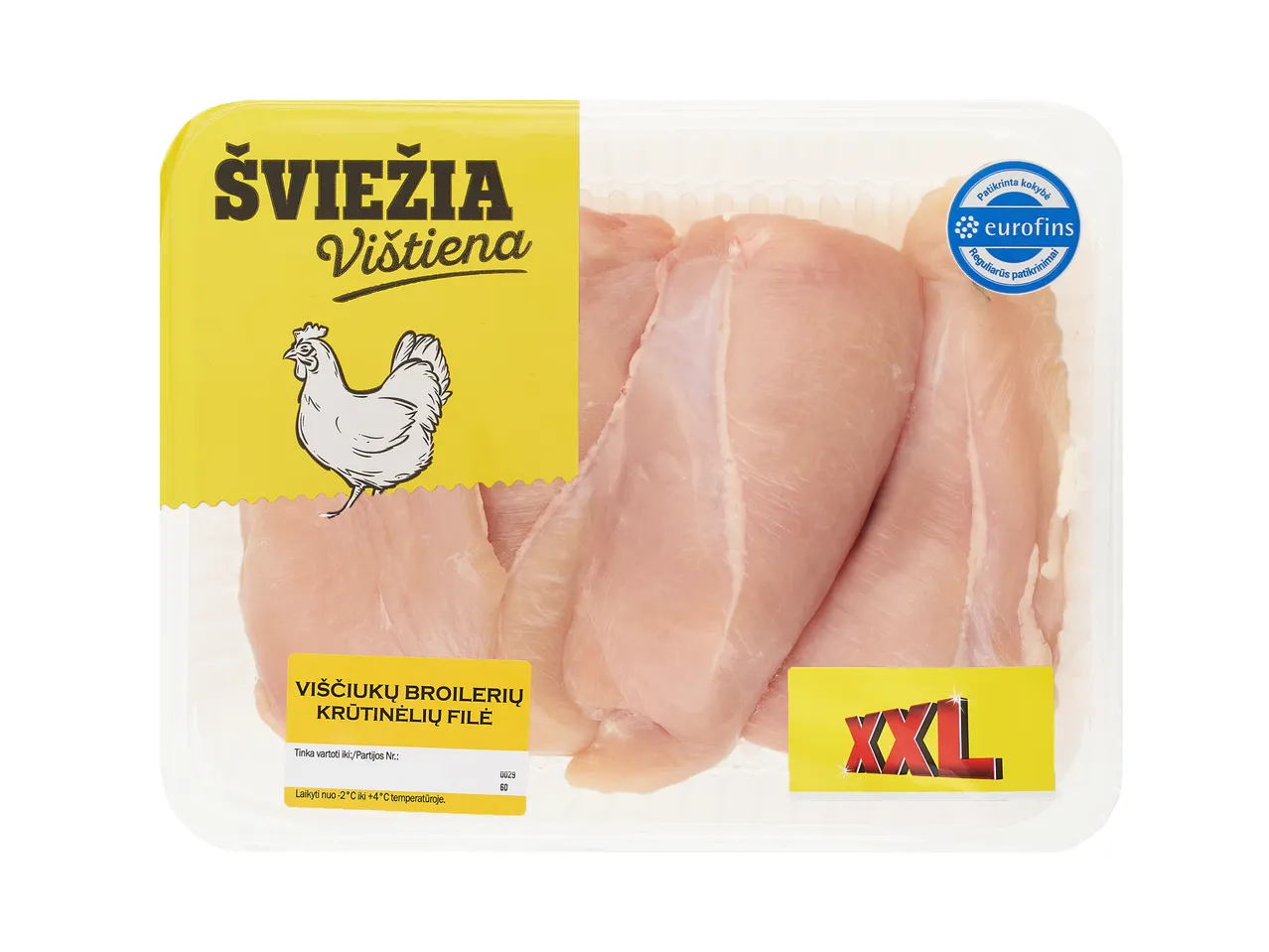 XXL vištienos krūtinėlės filė pakuotė, Eurofins kokybės kontrolė.