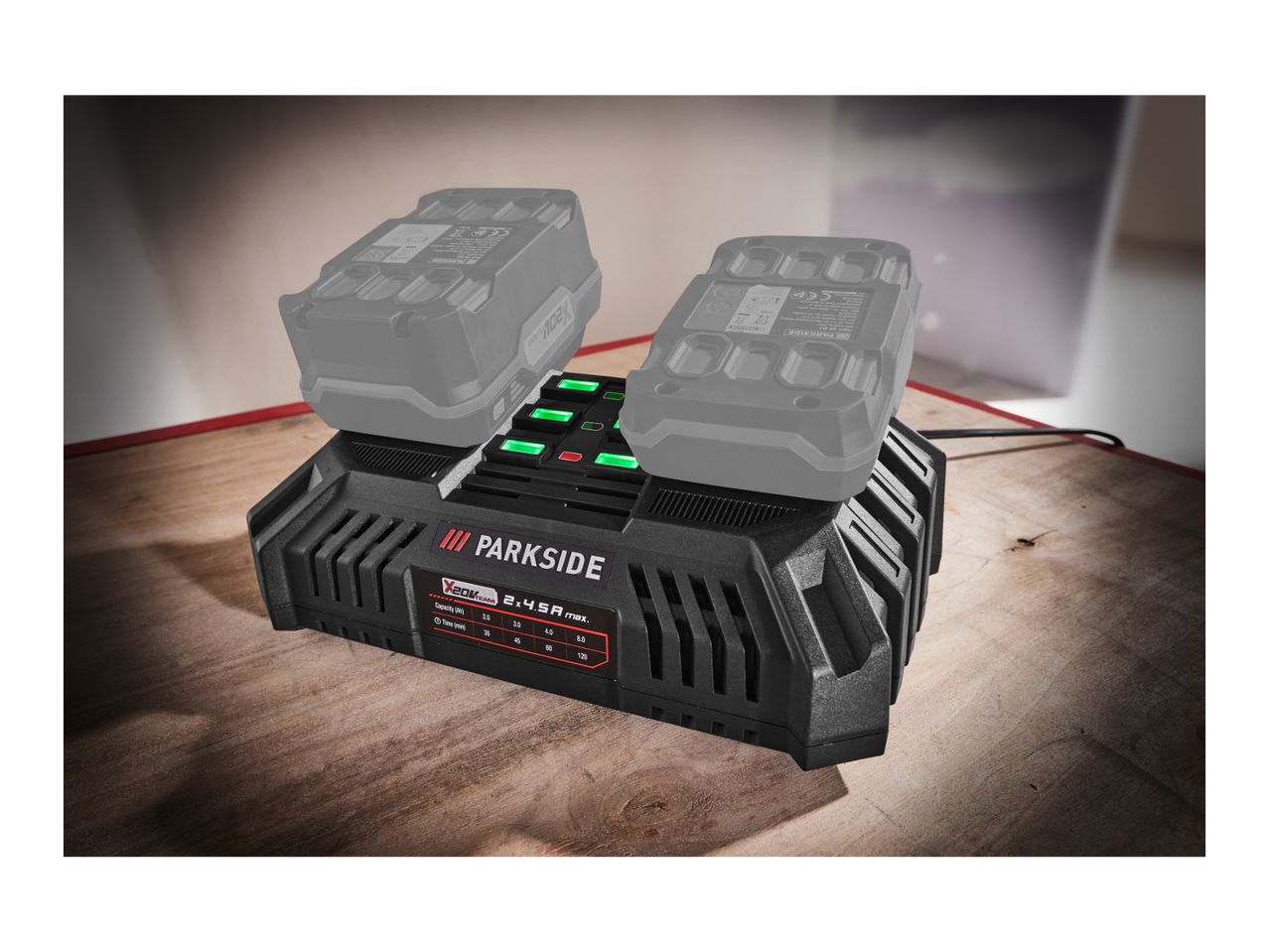 Dual battery charger with two batteries, showing charging times for various capacities.