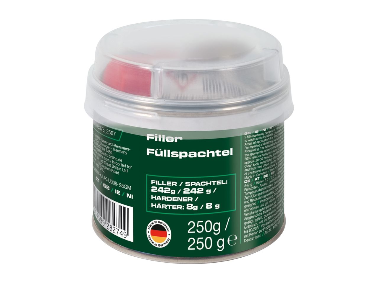 A container of filler and hardener for repairing wood, with German and English text.
