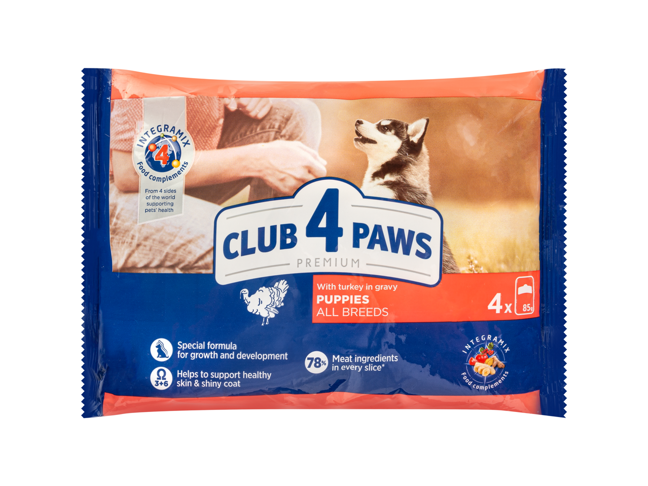 „Club 4 Paws Premium“ maišeliai šuniukams su kalakutiena padaže.