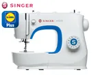 A white Singer sewing machine with blue accents.